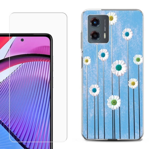 OneToughShield ® Compatible with Motorola Moto G 5G 2023, Shockproof Phone Case, with Tempered Glass Screen Protector - Daisy Sky