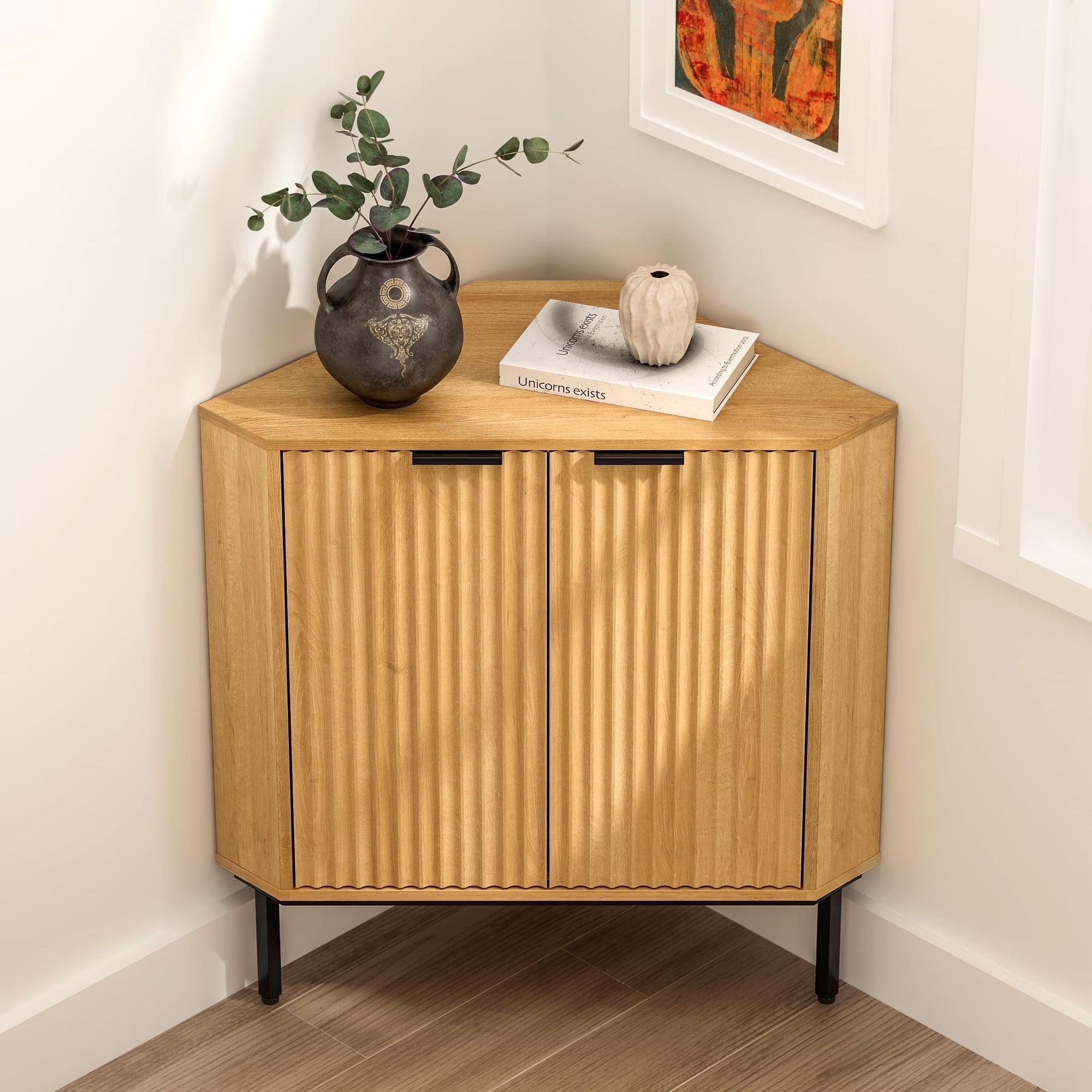EYYTHUNG Fluted Corner Cabinet, Modern Narrow Freestanding Organizer with 2 Doors & 2-Tier Shelves, Small Floor Cabinet, Natural Oak
