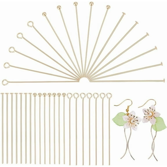 120pcs 14K Gold Plated Open Eye Pins 3 Styles Brass Head Pins 50mm Straight Flat Head Pins Gold Jewelry Making Pin Metal End Headpins