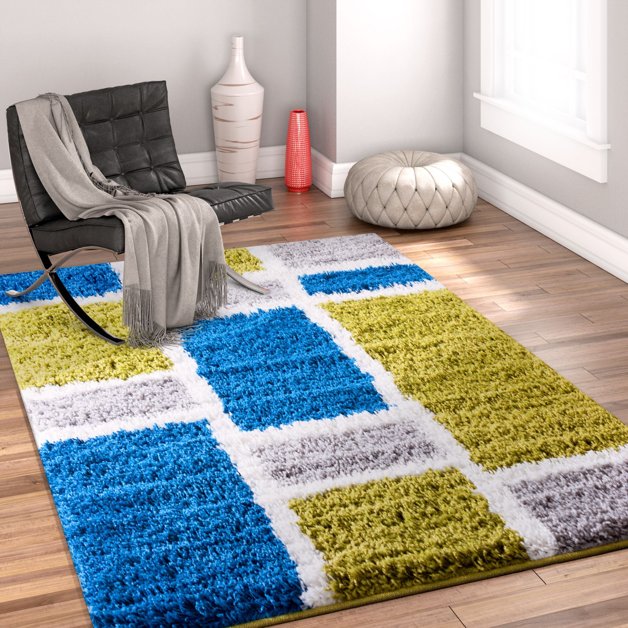 Well Woven Madison Shag Geo Concept Green Blue Area Rug