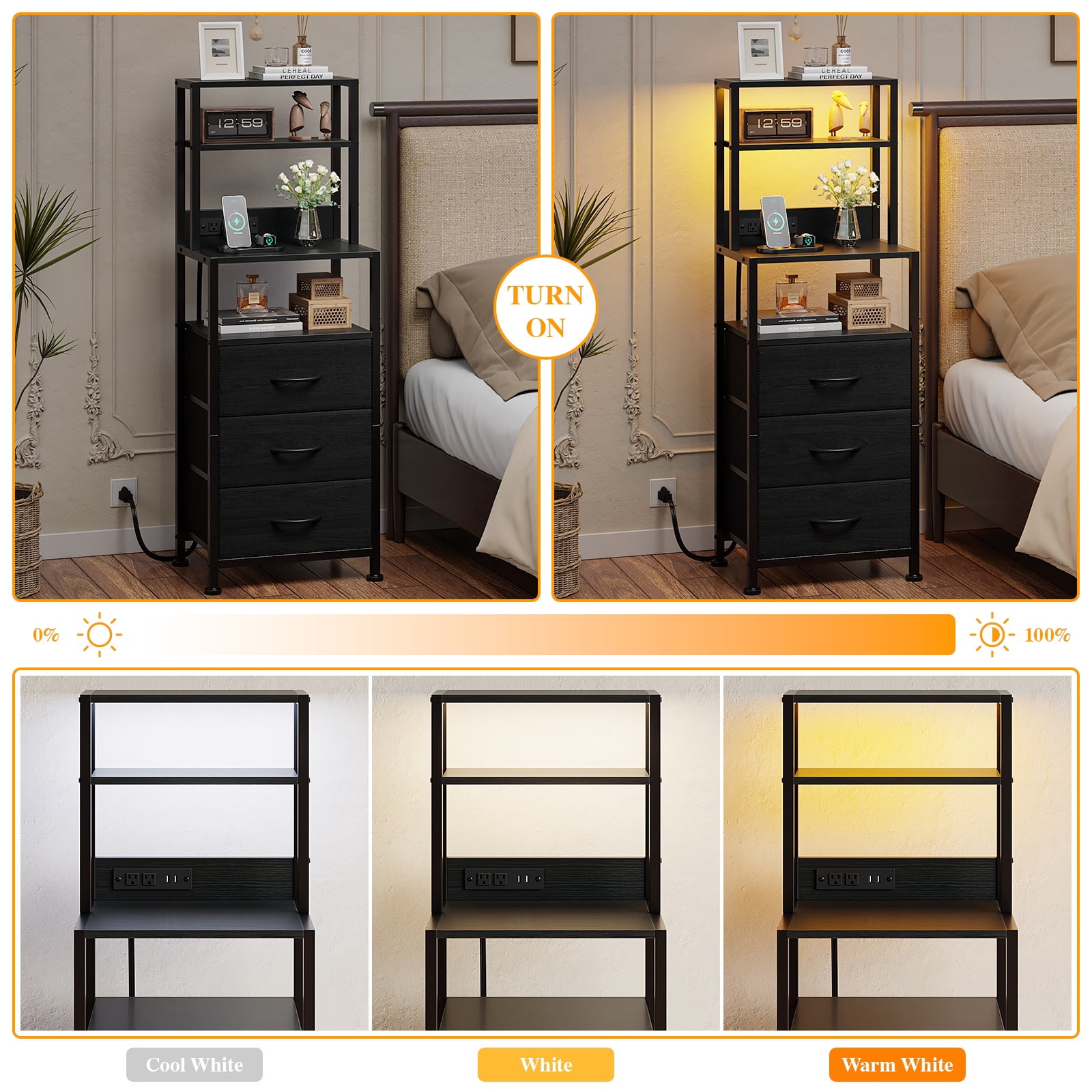 Satifur Tall LED Nightstand,Bedside Table with Charging Station,3 Fabric Drawers & Shelfs for Bedroom Living Room,Black Oak