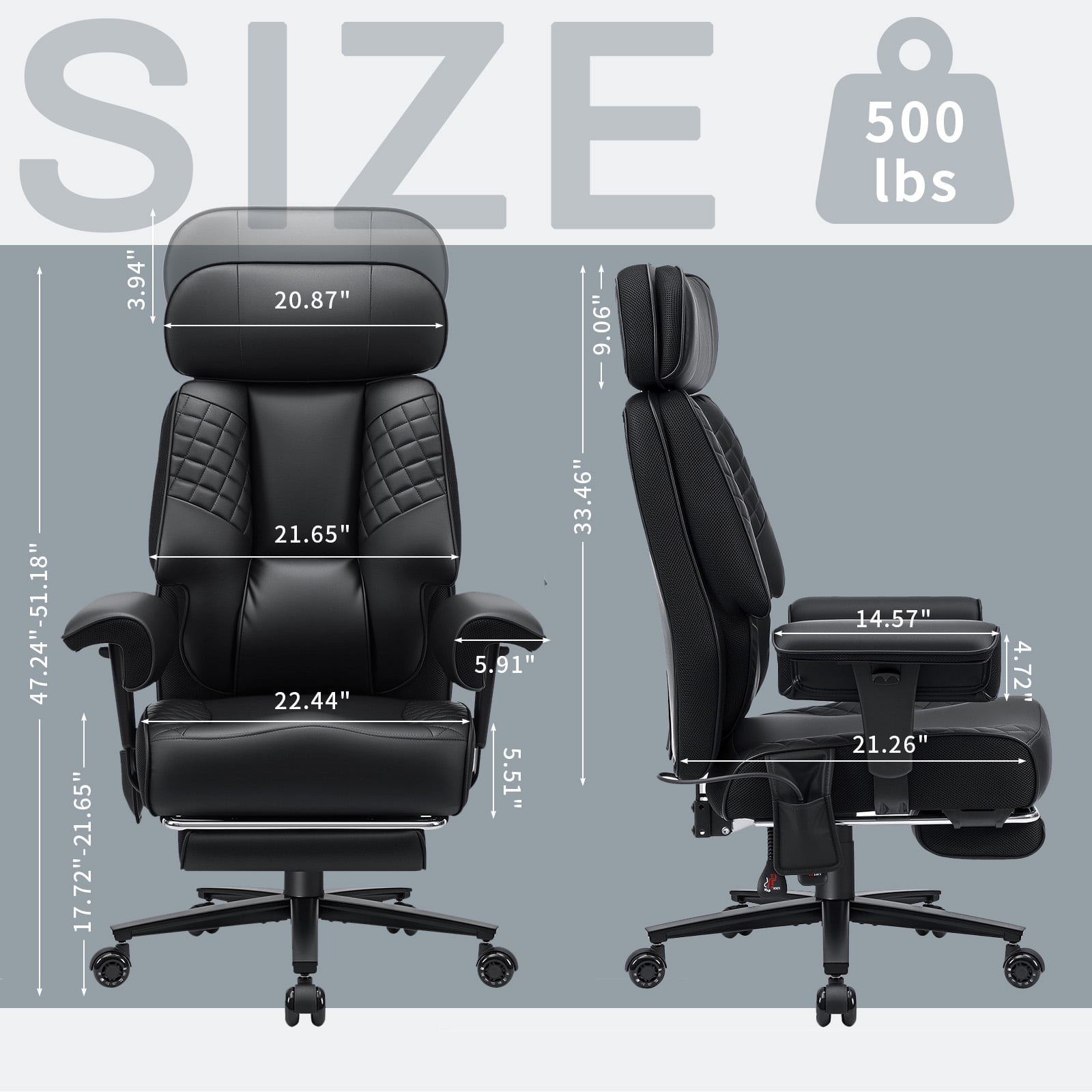 Hoffree Big and Tall Office Chair 500lbs, Reclining Ergonomic Desk Chair with Adjustable Lumbar Support, Arms and Headrest, Executive Leather High Back Computer Chair with Footrest for Home, Black