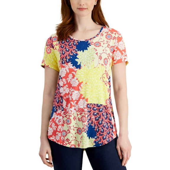 JM Collection Womens Patchwork-Print Top Starfish Combo M
