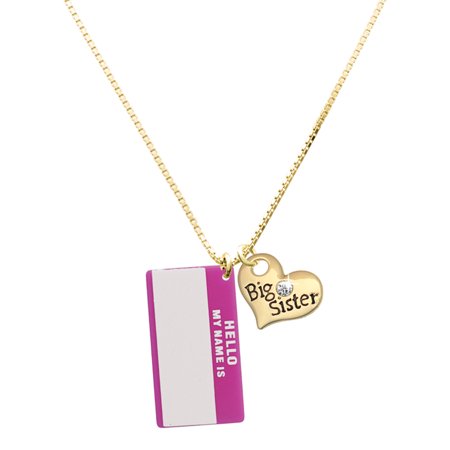 Delight Jewelry Acrylic Pink "Hello" Name Tag - Large Goldtone Big Sister Heart Charm Necklace, 17.5"+2" Extender
