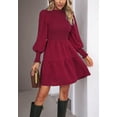 thumbnail image 3 of Solid Color Jewel Neck Shirred Dress for Women Above Knee Length Burgundy Large, 3 of 5