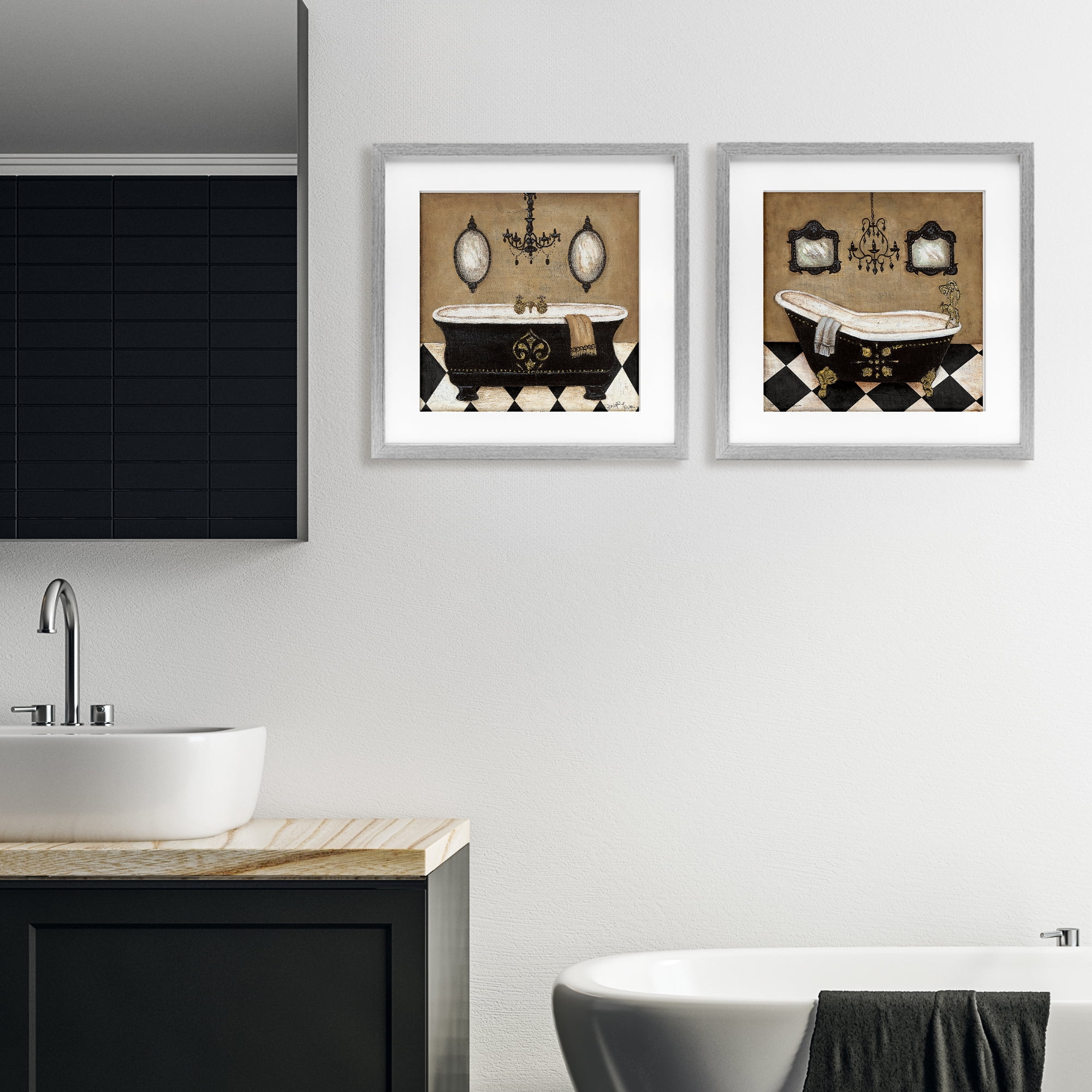 Stupell Industries Elegant Bathroom with Chandeliers 2 Piece Gray Framed Print Under Glass Set, design by Janet Tava