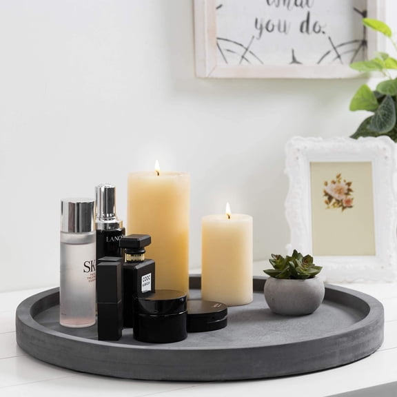 16 Inch Round Gray Concrete Decorative Tray for Bathroom Vanity Counter, Living Room Coffee Table or Ottoman, Kitchen Countertop Decor, Candle Holder