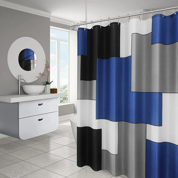 Modern Blue Shower Curtain Geometric Black and White Shower Curtain Set Blue Shower Curtain for Bathroom Set Modern Pattern Water Repellent Blue Bathroom Decor 72x72 inch with 12 Shower Curtain Hooks