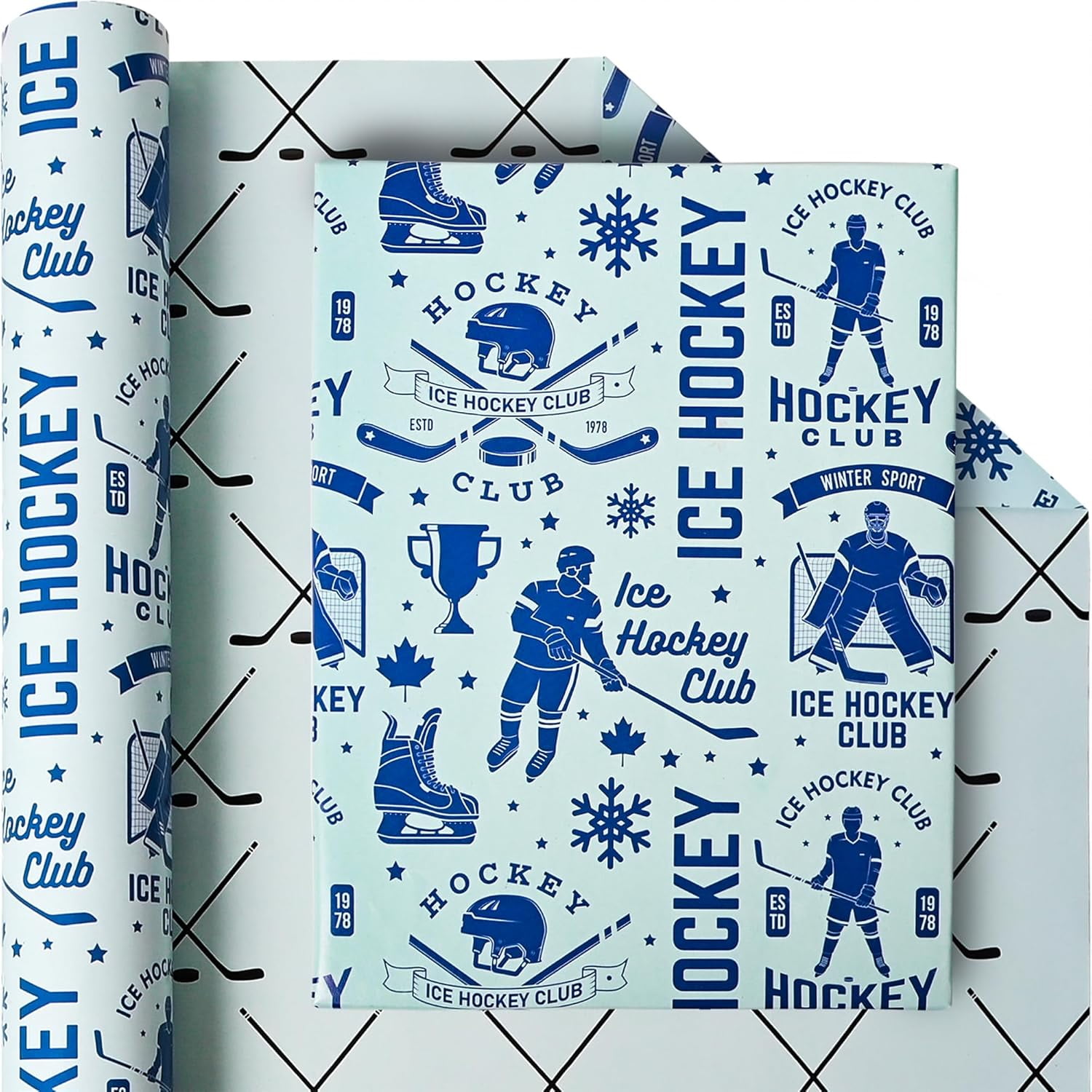 Reversible Ice Hockey Wrapping Paper Roll Blue Hockey Sports Gift Wrap Sheets for Girls Boys Men Women Birthday Holiday Party - Total 28.5sq.ft