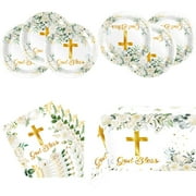 Hqyybf God Bless PriNst Tableware Set, Include First Communion 20 Plates 20 Napkins and Tablecloth 42'' x 70'', God Bless Birthday Party Decorations for Newborn Baptism Church Cross