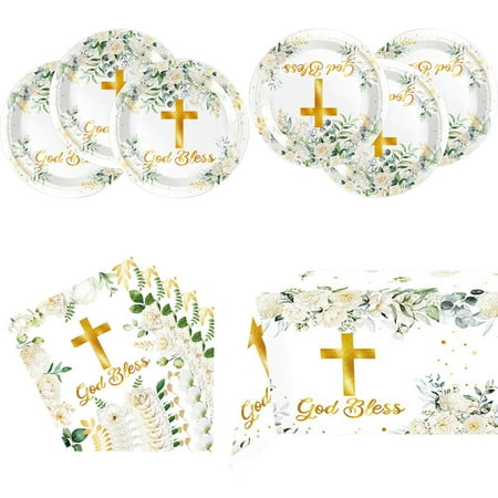 Hqyybf God Bless PriNst Tableware Set, Include First Communion 20 Plates 20 Napkins and Tablecloth 42'' x 70'', God Bless Birthday Party Decorations for Newborn Baptism Church Cross