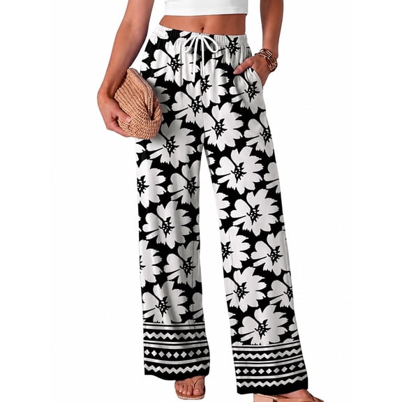 KLHDSF Women's Pants Elastic Waist Striped Lightweight Palazzo Pants for Women Casual Lounge Wide Leg Pants Beige L