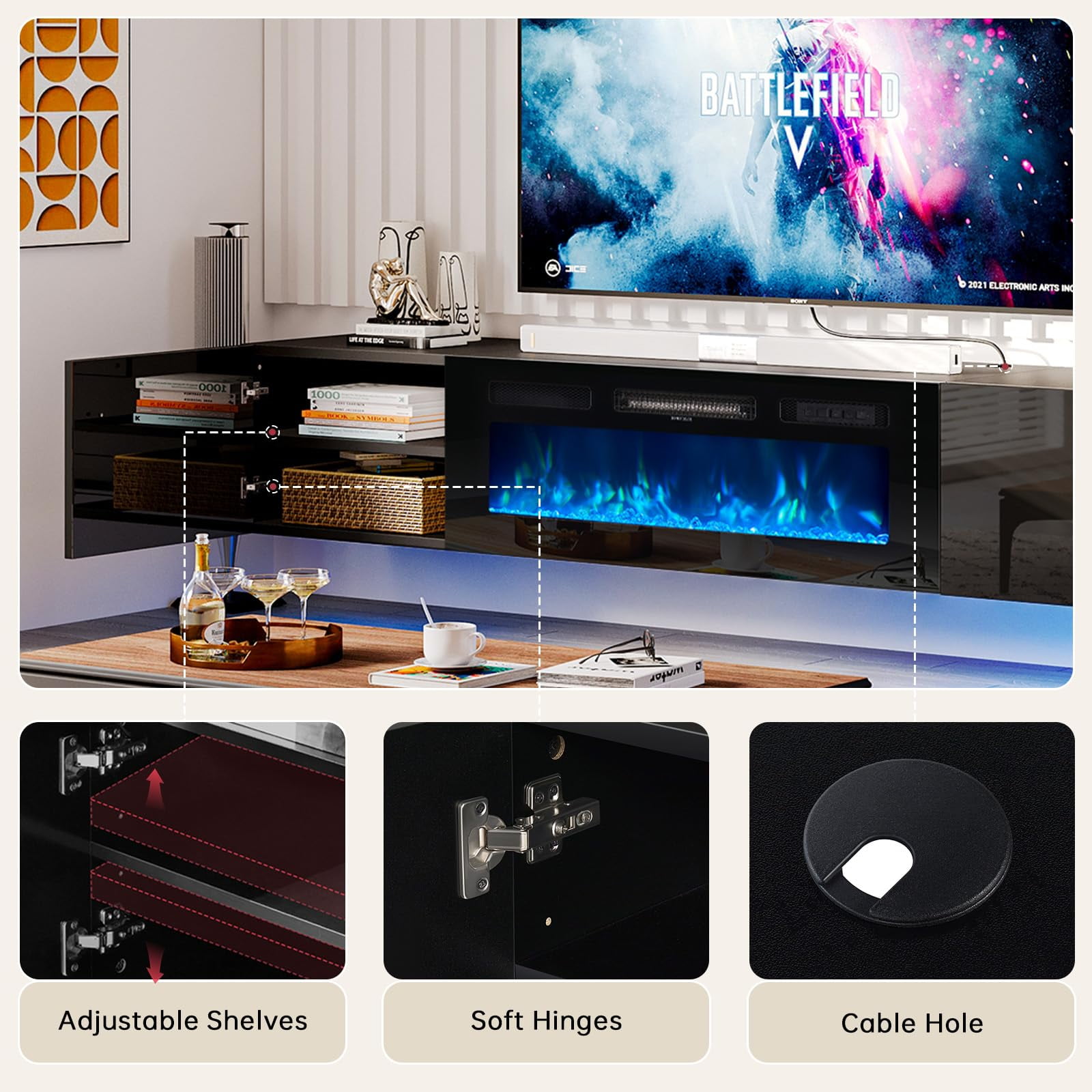 Easoger Floating TV Stand with 36" Electric Fireplace, Wall Mounted Fireplace Entertainment Center with Storage for TVs Up to 80", Adjustable Partition, Black/White (All Black)