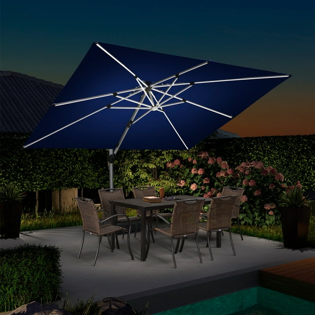 PURPLE LEAF 9 x 12FT Deluxe Rectangle Solar Powered LED Patio Umbrella with Base, Large Offset Cantilever Umbrella with 360° Rotation, Navy Blue