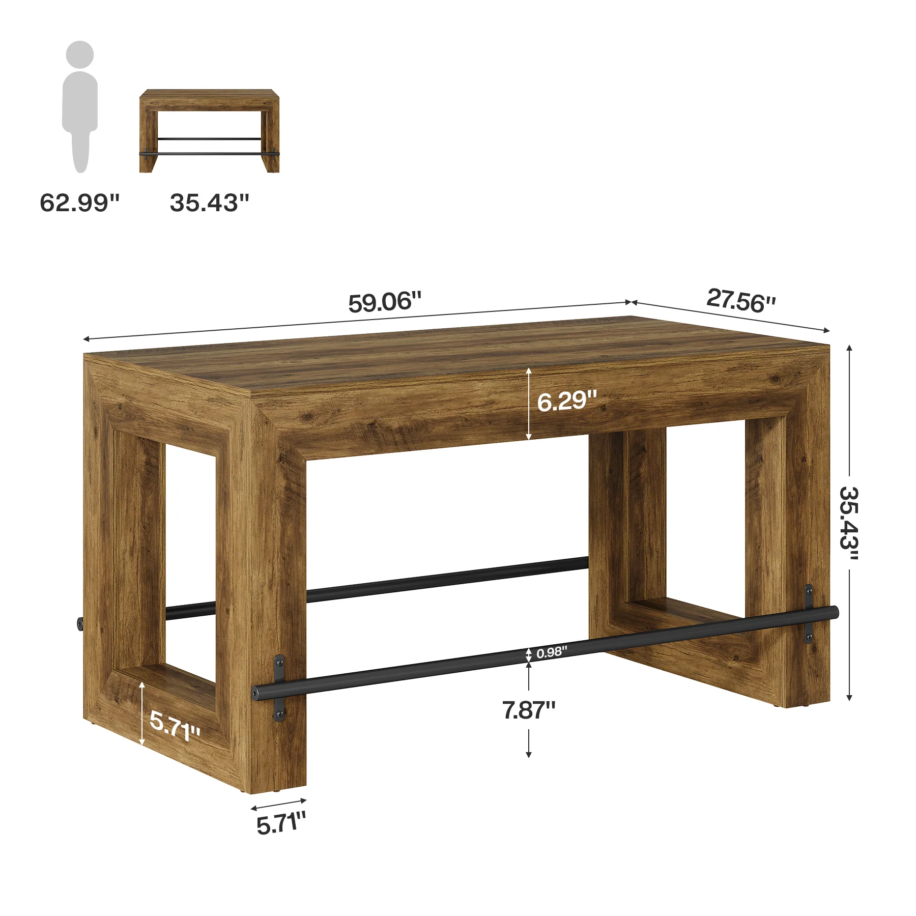 Hommoo 59 Inch Counter Height Bar Table with Metal Footrest, Modern Rectangular Pub Table for Dining Room, Kitchen Island, or Home Bar, Brown