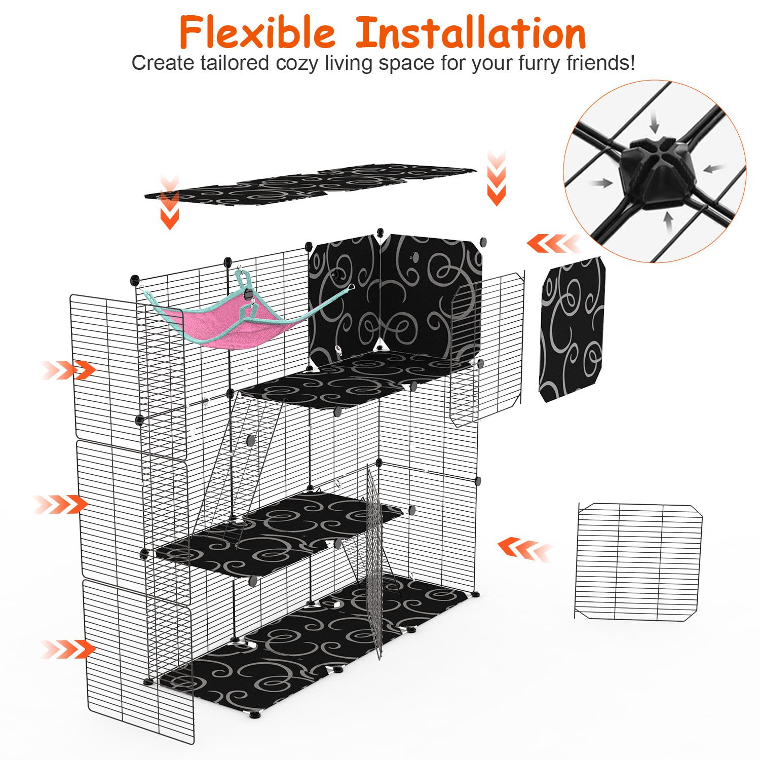 Moclever 3-Tier Large Cat Cage, Enclosure Indoor DIY Iron Pet Cage Playpen with Hammock Toy Ball Ladder for 1-2 Cats Ferret Rabbit Small Animals, Black