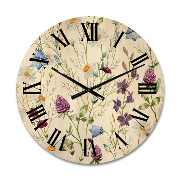 Designart 'Wildflowers Clover Bell and Chamomile I' Traditional Wood Wall Clock