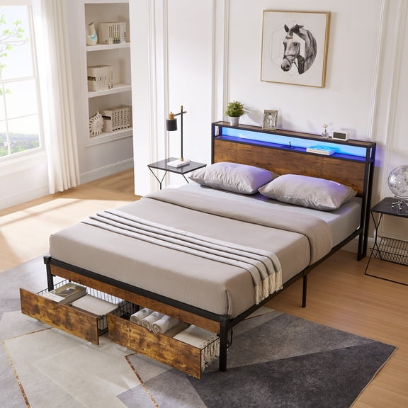 Queen Size Metal Platform Bed Frame - Wooden Headboard, USB Charging, LED Lights