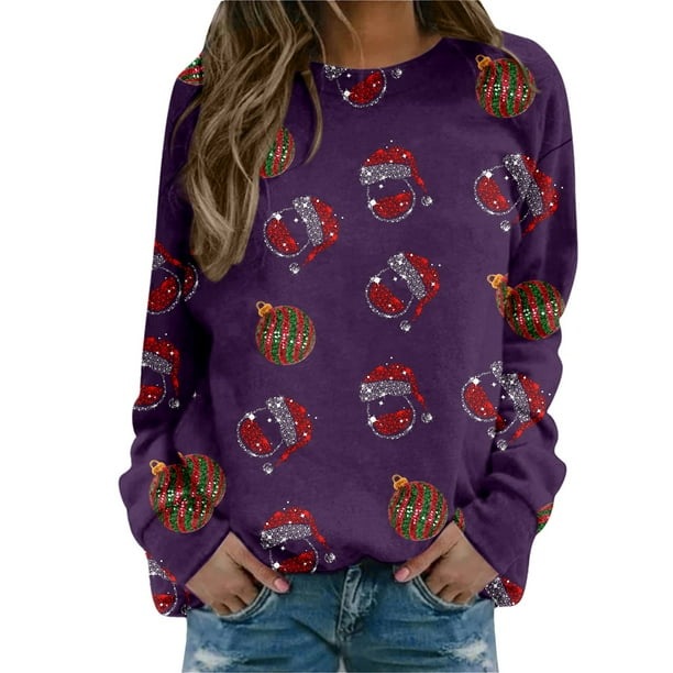 Gibobby Sudadera navideña mujer Blusa de sudadera estampada con cuello redondo y manga larga para entrenamiento diario en casa y al libre para mujer(Morado,G)