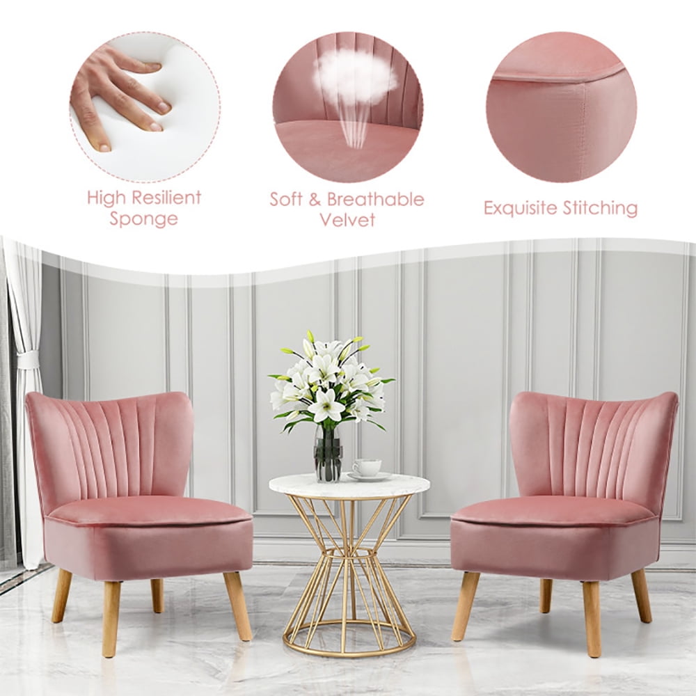 Finihen Velvet Accent Chair, Modern Armless Velvet Accent Chair with Wood Legs, Thickly Padded, Armless Wingback Club Chairs for Living Room, Bedroom, Pink