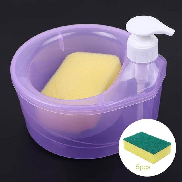 dispensador de jabón para platos y soporte de esponja, dispensador de lavado de platos para fregadero con 6 esponjas, dispensador de limpieza de violeta Dispensador violeta translúcido marca SOLEDAD en vista 3/4 con bomba blanca en el borde, contenedor ovalado y compartimento interior que contiene una esponja amarilla; material PE según especificaciones, capacidad 1000 ml y medidas aprox. 17 x 16 x 14 cm. Ideal para encimera de cocina para dispensar jabón líquido sobre la esponja; también suele usarse para organizar pequeños utensilios de limpieza.