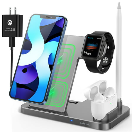 4 in 1 Wireless Charging Station, Saferell Qi-Certified Fast 10W Charging Dock Station for iPhone SE/11/11Pro Max/XR/Xs/X/8/8Plus, Apple Watch, AirPods 1/2/Pro, Apple Pencil, Compatible with Samsung S