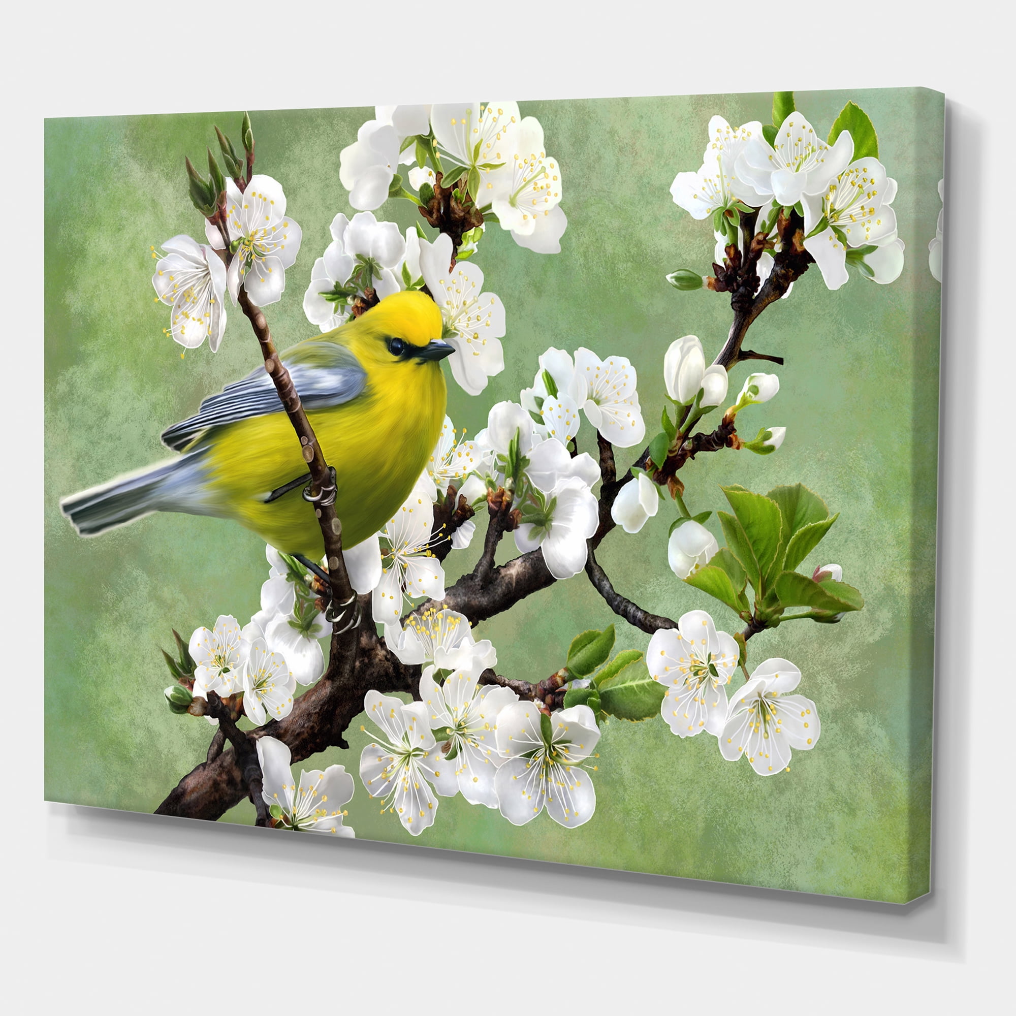 Designart ' Bird Sitting On A Branch of Cherry ' Traditional Canvas Wall Art Print