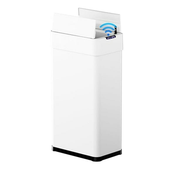 16 Gallon Stainless Steel Trash Can with Sensor, Smart Automatic Garbage Bin with Lid, Bag Ring & Light - White (60L)