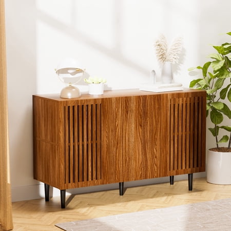 Modern Storage Cabinet 47.2 Buffet Cabinet with 3 DIY Doors and Adjustable Shelf Sideboard Coffee Bar with Solid Wood Feet for Kitchen Dining Room Living Room Brown