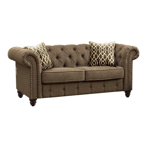 Brown Linen Upholstered Loveseat Sofa with 2 Decorative Pillows