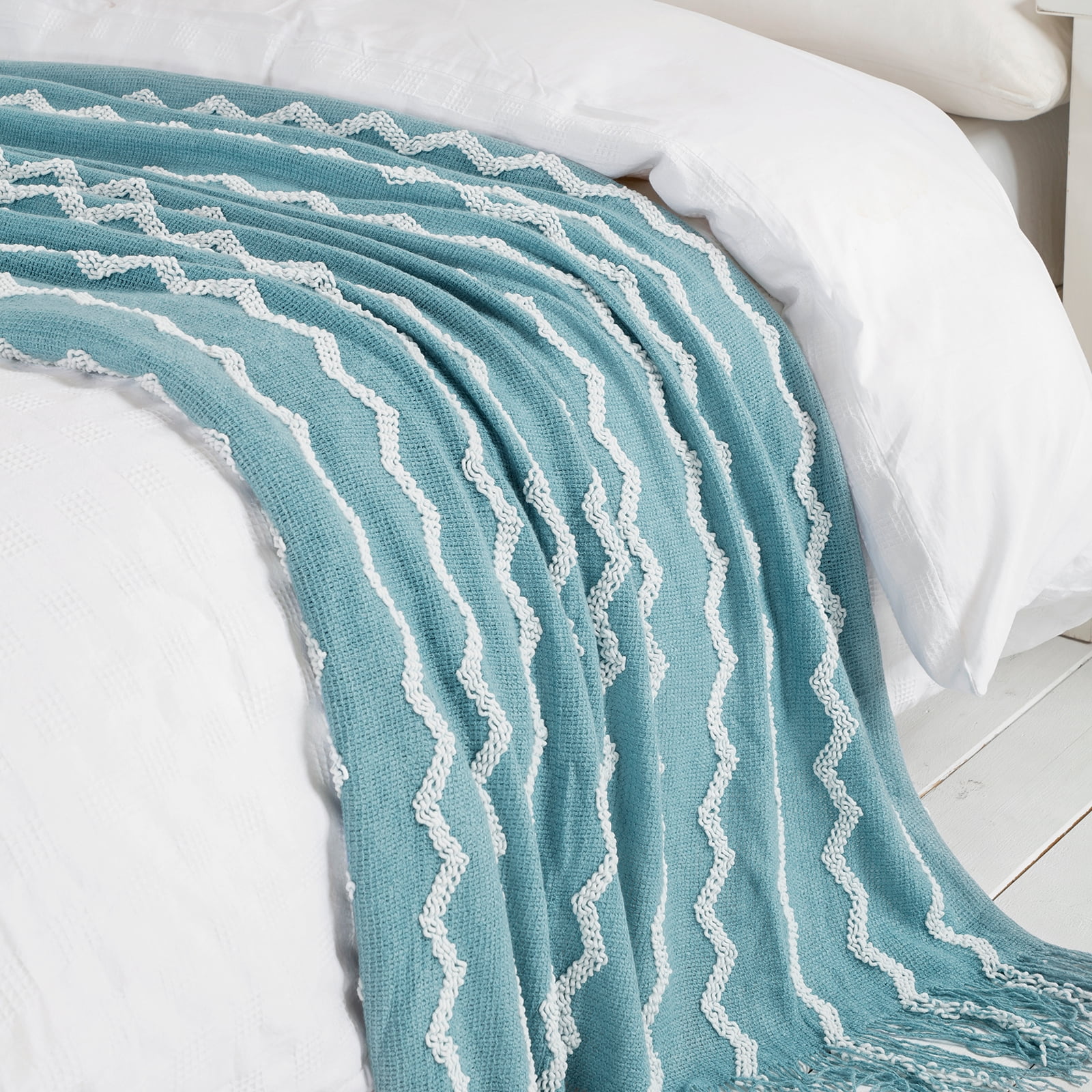 Bourina Fluffy Chenille Knitted Throw Blanket 50" x 60"—Soft and Cozy for Sofa, Chair, Blue, Adult