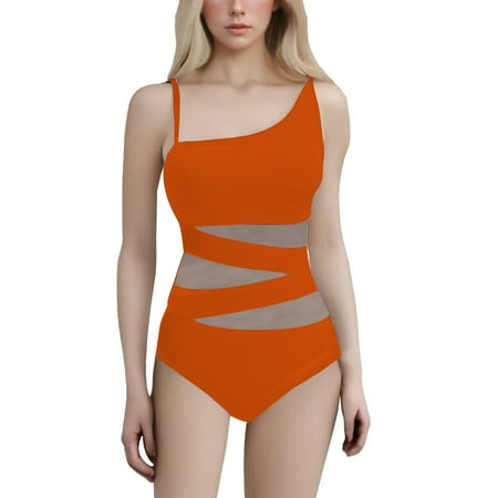 Fadeal Womens one Piece Swimsuit Womens Tummy Swimsuit V Neck Bathing Suits Slimming Ruffle Swimwear Women s one Piece Bathing Suit orange L