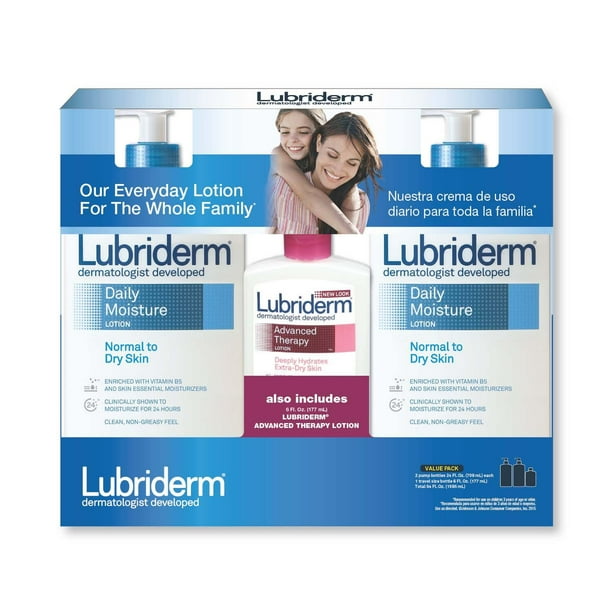 Lubriderm Daily Moisture Lotion, 24 Fl Oz, 2 Ct + Advanced Therapy Lotion, 6 Fl Oz Travel Size