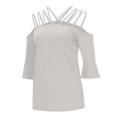 thumbnail image 4 of Womens Spaghetti Straps Cold Shoulder Shirts Casual Half Sleeve Tops, Gray, M, 4 of 5
