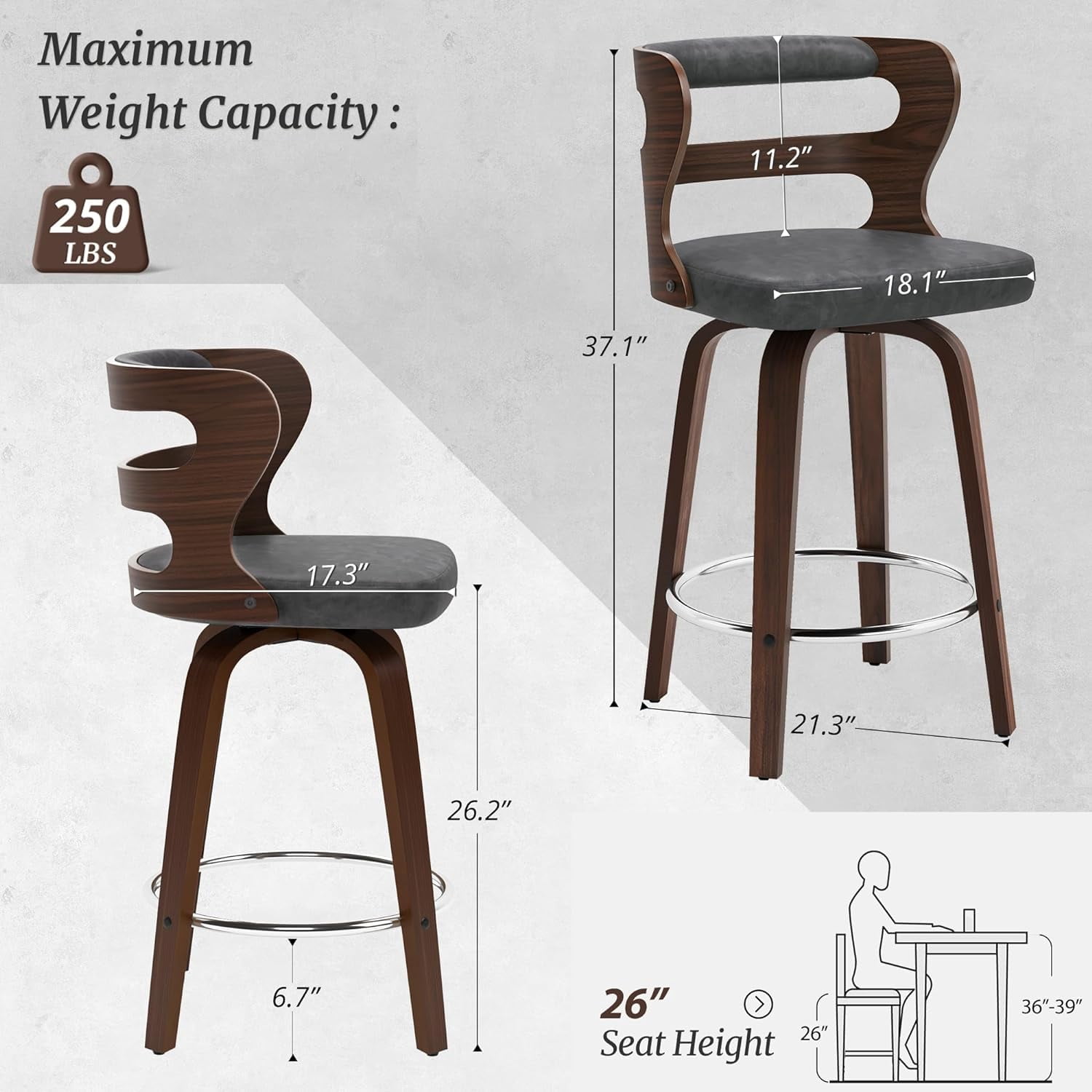 Dycanpo 26" Counter Height Bar Stools, Swivel Counter Stools with Back for Kitchen Island, Dark Gray