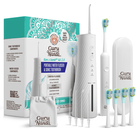 GuruNanda Lion & Lamb Kit 2.0 Electric Toothbrush with Water Flosser, 4 Jet Tips, 4 Brush Heads, White