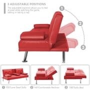 Aukfa Leather Futon Convertible Sofa Bed for Home Office, 2 Cup Holders, Twin Size, Red