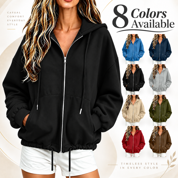 HappyYEE Full Zip Hoodies for Women, Open Front Drawstring Hooded Jackets, Fall Loose Long Sleeve Daily Outer Tops with Pockets