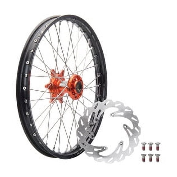 Tusk Impact Complete Front Wheel Package 21 x 1.60 Black Rim/Silver Spoke/Orange Hub For Husqvarna TC 125 (Fuel Injected) 2023-2025