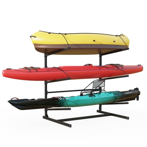HOHYN Heavy-Duty 3-Tier Kayak Storage Rack - 350LB Load Rating Adjustable Canoe Holder with Anchor Points, Swappable Wheels/Feeds & Anti-Rust Steel for Indoor/Outdoor Use