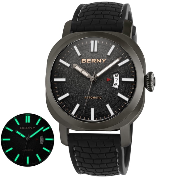 BERNY Automatic Watch for Men, Sport 10ATM Waterproof Mechanical Watch with Silicone Strap, Date Calendar, Super Luminous, Sapphire Glass, Fashion Men's Diver Wristwatch, Black