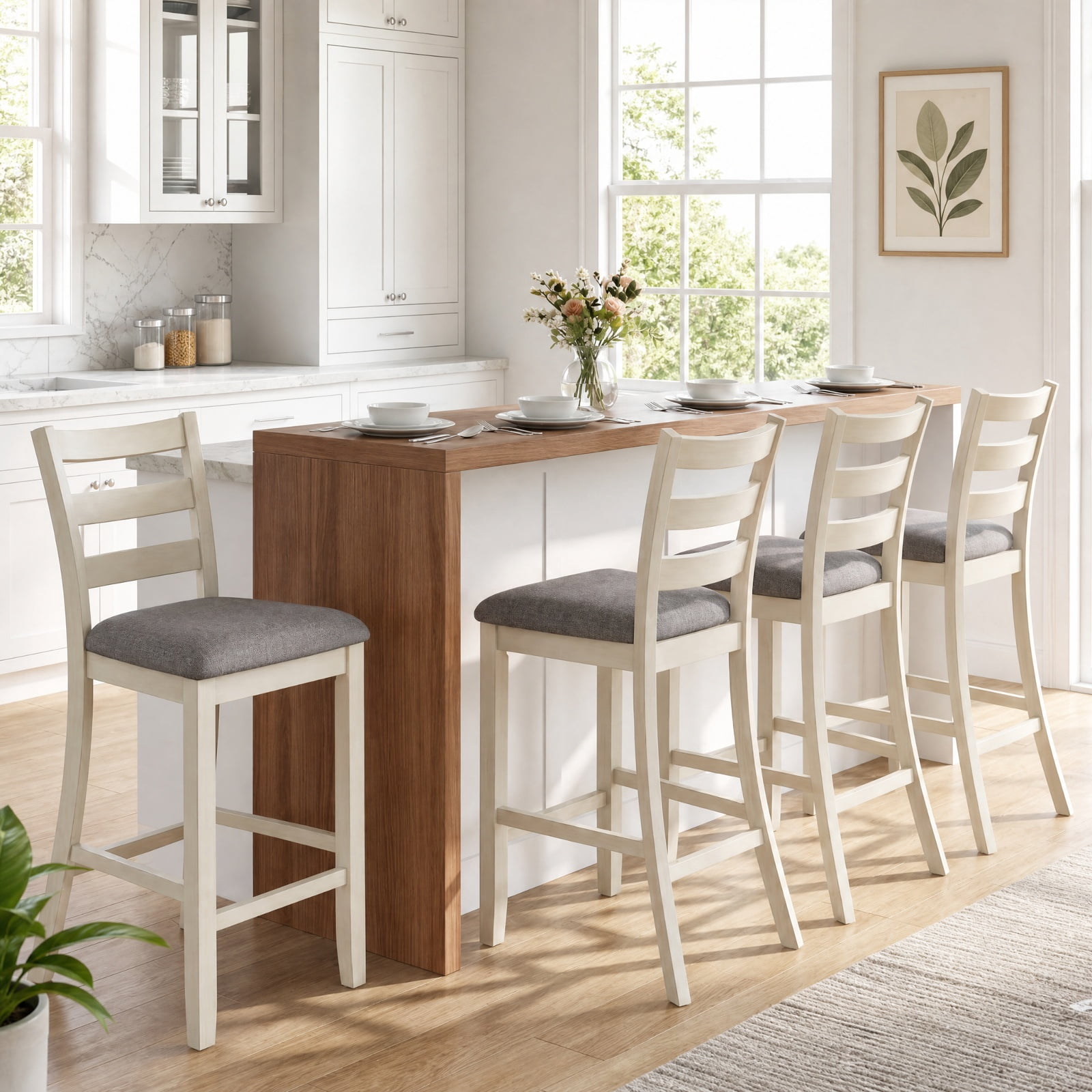 Furnibear Counter Height Chairs Set of 2 with Fabric Seat and Rubber Wood Legs, Upholstered Bar Stools with Backrest, Beige