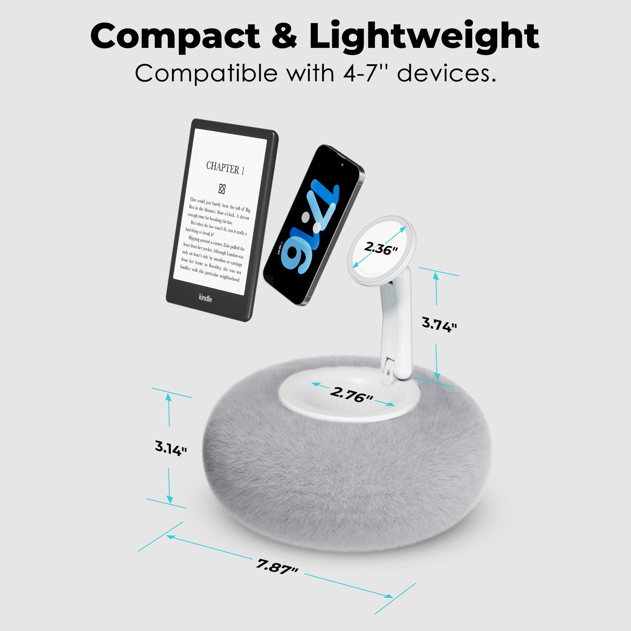 Viozon Phone Holder for Bed, Magnetic Pillow Stand, Compatible with 4-7" devices with Small Storage,Grey