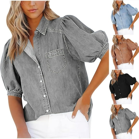 Purcolt Womens Button Down Faux Denim Shirts Casual Puff Sleeve V Neck Jean Shirt Collared Blouse Western Work Tops with Pocket, S-3XL