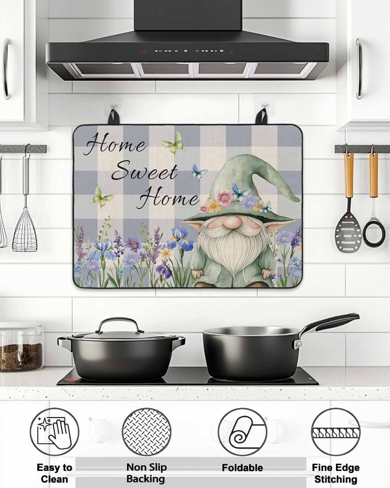 Stove Top Covers for Electric Stove 36x21 Inches, Rustic Gnome Heat Insulation Fireproof Glass Cooktop Protector, Spring Flowers Butterfly Purple Check Countertop Stovetop Cover for Kitchen