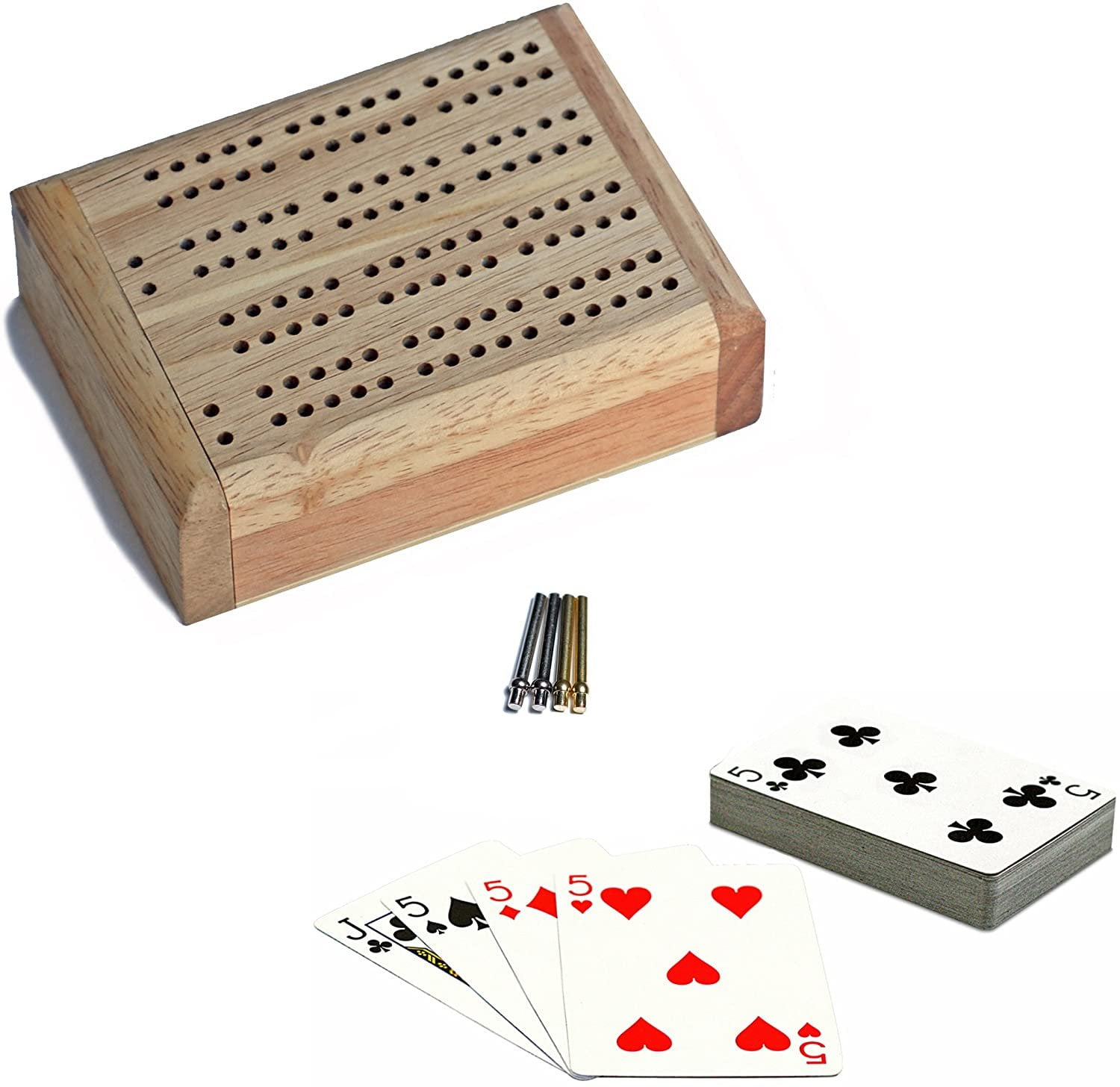 WE Games Mini Travel Cribbage Set Solid Wood 2 Track Board with