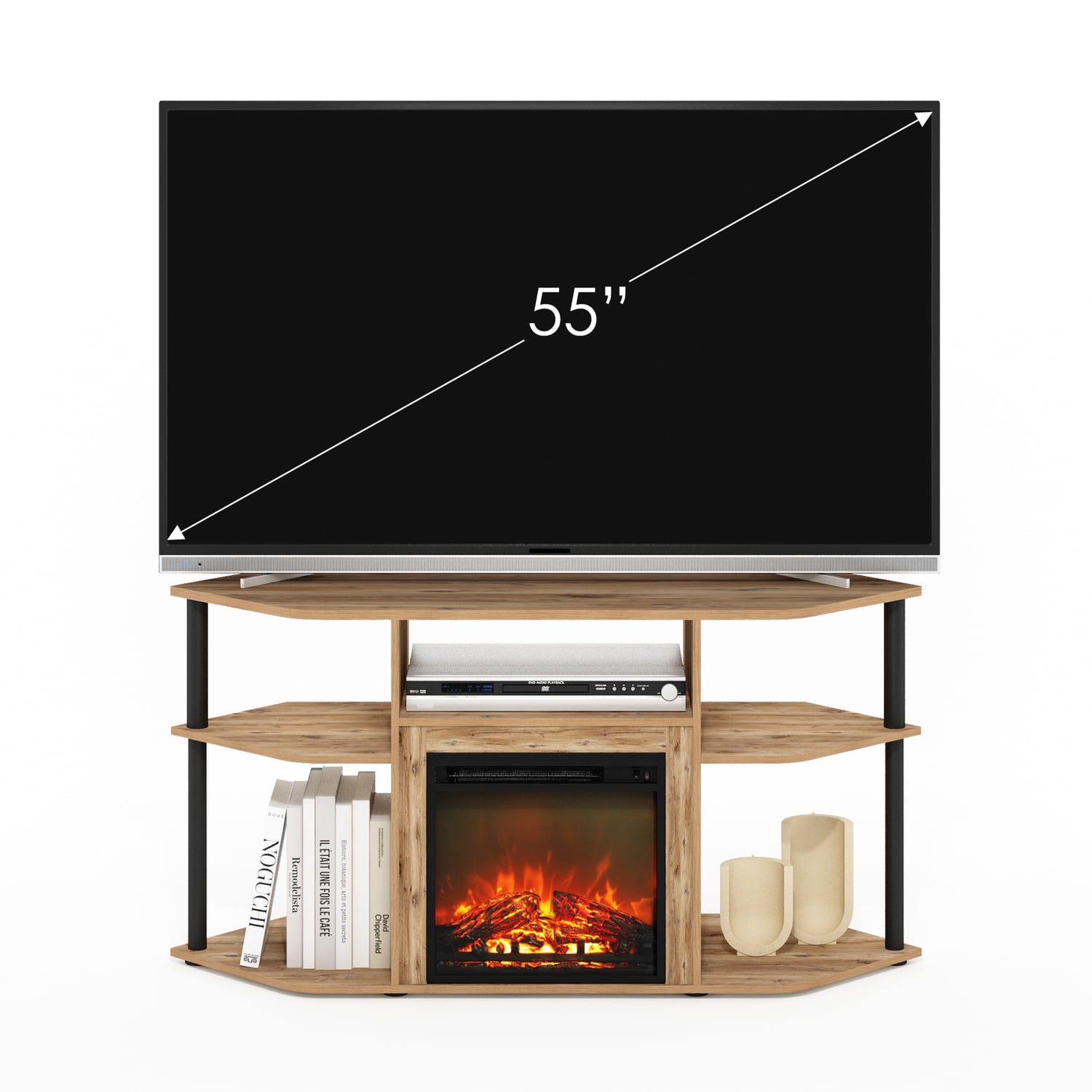 Corner TV Entertainment Center with Fireplace - Open Storage, 55 Inch TV Stand, Flagstaff Oak/Black