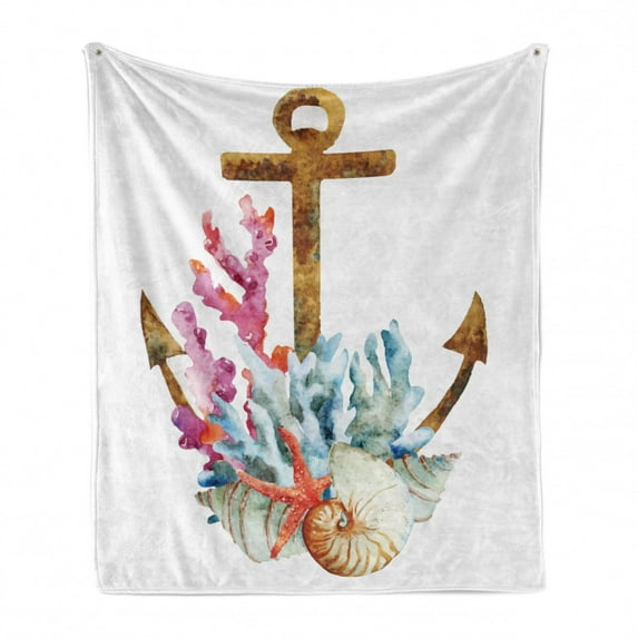 Anchor Soft Flannel Fleece Blanket, Corals Seaweed Nature Deep Sea Underwater Life Diving Enjoyment Marine Print, Cozy Plush for Indoor and Outdoor Use, 70" x 90", Caramel Multicolor, by Ambesonne