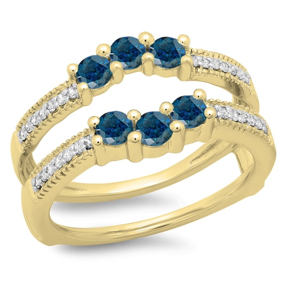Dazzlingrock Collection 0.80 Carat (ctw) 14K Blue & White Diamond Wedding Band 3 Stone Guard Ring 3/4 CT, Yellow Gold, Size 6