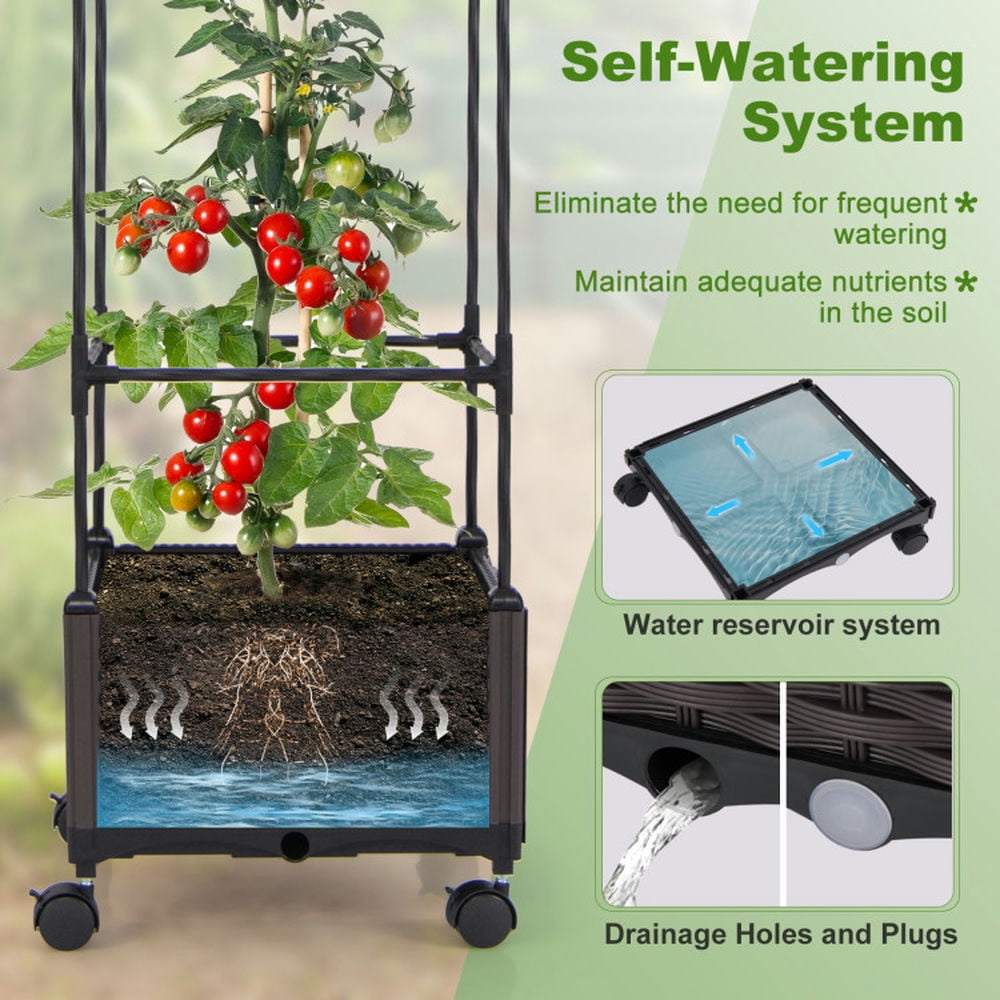 Demifill 67 Inches Raised Garden Bed with Planter Box and Trellis, 2-in-1 Functionality and Expandable Garden Bed, Brown